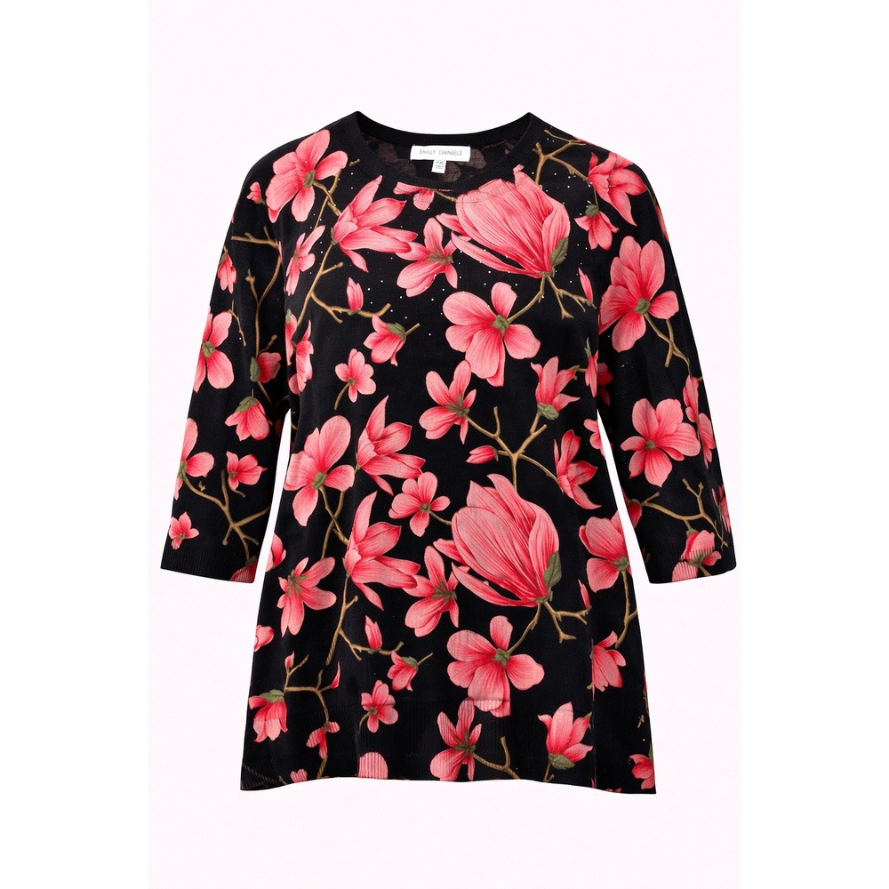 Emily Daniels Sweater Women PXL Black Pink Floral Knit 3/4 Sleeve Acrylic